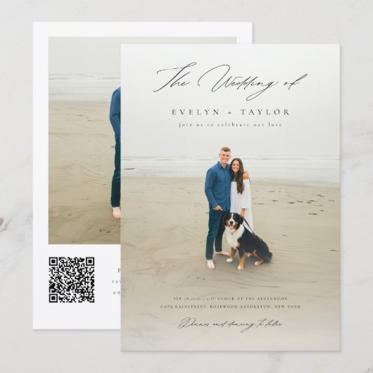 Simple Elegant QR Code Photo Destination Wedding Einladung (Vorne/Hinten)