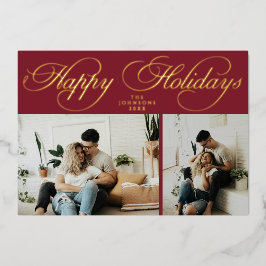 Simple Elegant Red Family Photo Collage Christmas Folien Feiertagskarte