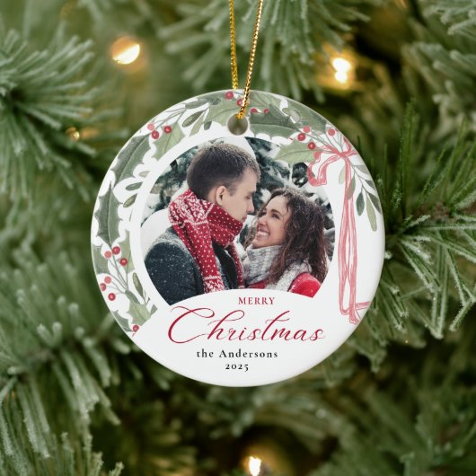 Simple Elegant Script Family Photo Merry Christmas Keramik Ornament (Baum)