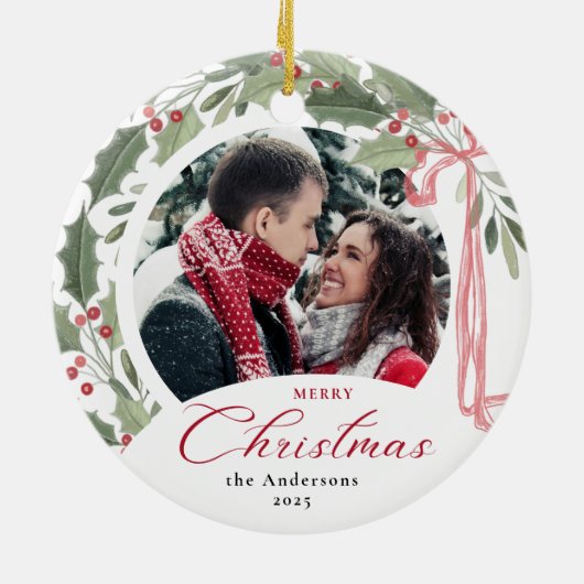 Simple Elegant Script Family Photo Merry Christmas Keramik Ornament (Hinten)