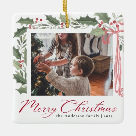 Simple Elegant Script Family Photo Merry Christmas Keramikornament (Vorderseite)