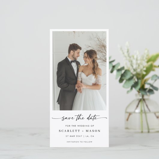 Simple Elegant Script Photo Wedding Bookmark Save The Date (Stehend Vorderseite)
