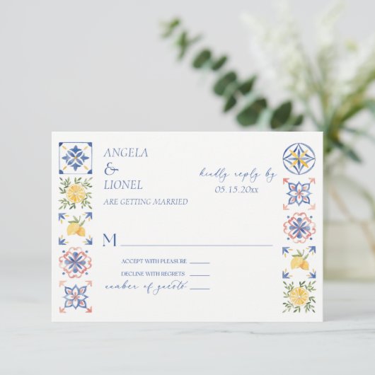 Simple Elegant Tiles Amalfi Coast Italy Wedding RSVP Karte (Stehend Vorderseite)