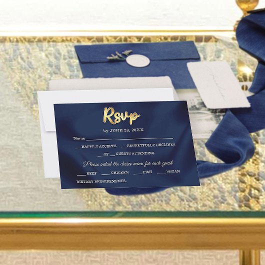 Simple Elegant Trendy Navy Blue & Gold Wedding RSVP Karte