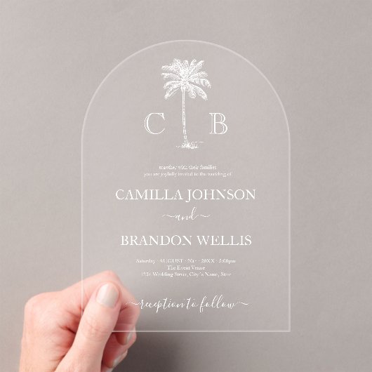 Simple Elegant Tropical Palm Monograms Wedding Acryleinladungen (Insitu (Handheld))