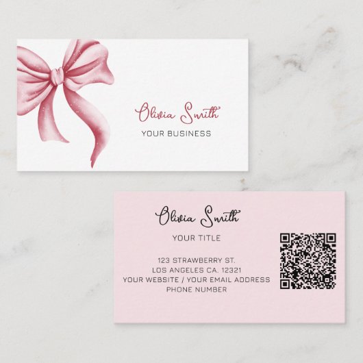 Simple Elegant Typography Pink Bow QR Code Visitenkarte (Vorne/Hinten)