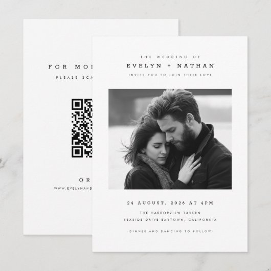 Simple Elegant Typography QR Code Photo Wedding Einladung (Vorne/Hinten)