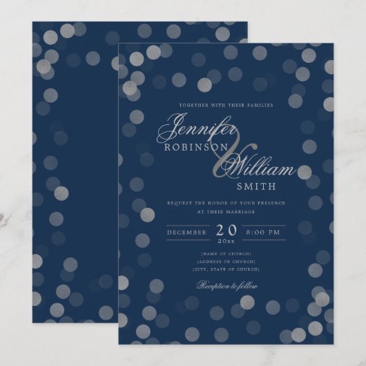 Simple Elegant Wedding Silver Confetti Navy Einladung (Vorne/Hinten)