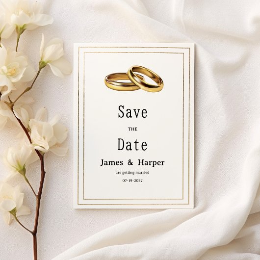 Simple elegant white and gold rings Save the Date Einladung