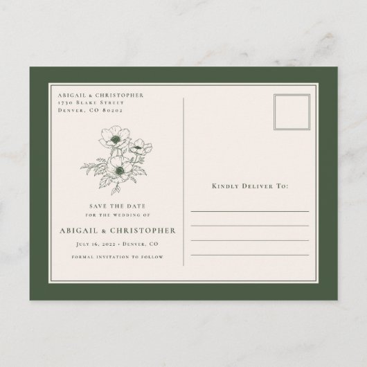 Simple Emerald Anemone Art Floral Save the Date Ankündigungspostkarte (Rückseite)