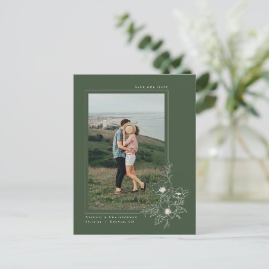 Simple Emerald Anemone Art Floral Save the Date Ankündigungspostkarte (Stehend Vorderseite)