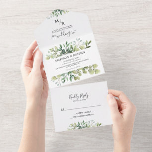 Simple Emerald Floral Botanical Eukalyptus Wedding All In One Einladung