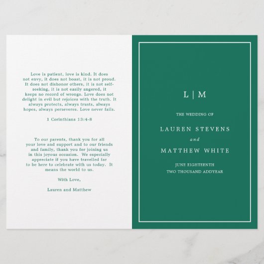 Simple Emerald Green Elegant Wedding Program (Vorderseite)