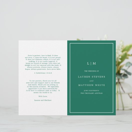 Simple Emerald Green Elegant Wedding Program (Stehend Vorderseite)