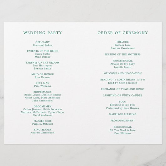 Simple Emerald Green Elegant Wedding Program (Rückseite)