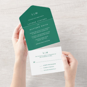 Simple Emerald Green Monogram Elegant Wedding All In One Einladung