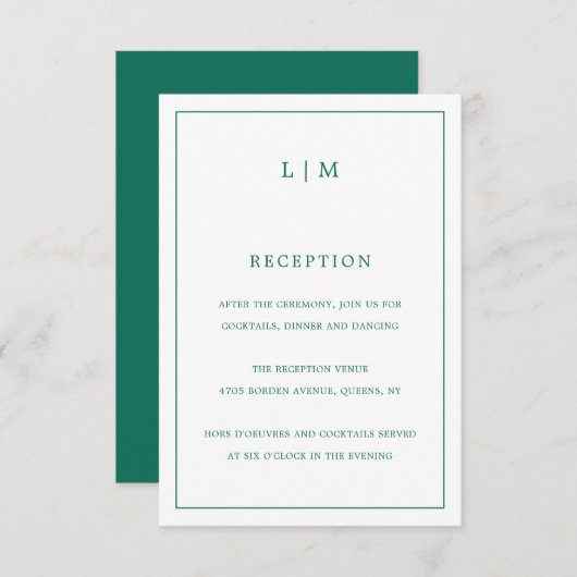 Simple Emerald Green Monogram Elegant Wedding Begleitkarte (Vorne/Hinten)