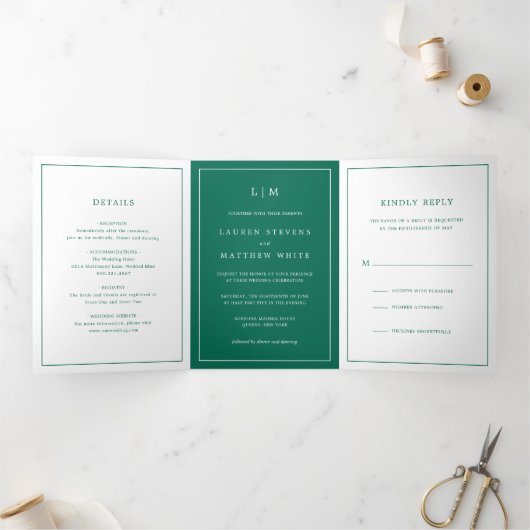Simple Emerald Green Monogram Elegant Wedding Dreifach Gefaltete Einladung (Innenseite)