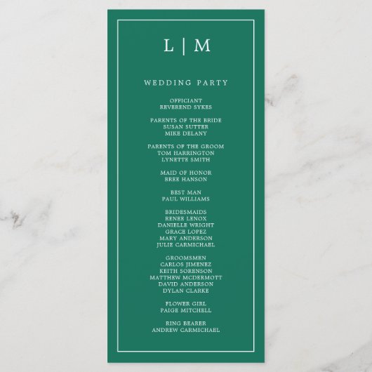 Simple Emerald Green Monogram Elegant Wedding Programm (Rückseite)