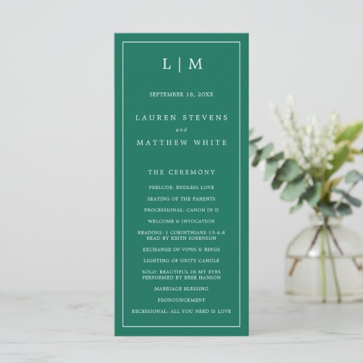 Simple Emerald Green Monogram Elegant Wedding Programm (Stehend Vorderseite)