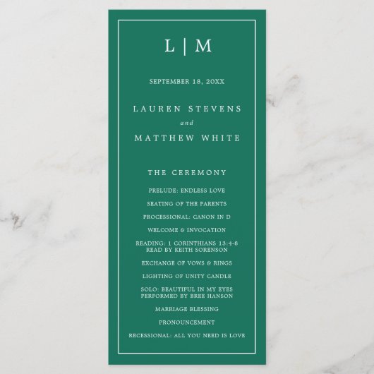 Simple Emerald Green Monogram Elegant Wedding Programm (Vorderseite)