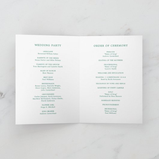 Simple Emerald Green Monogram Elegant Wedding Programm (Innenseite)