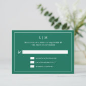 Simple Emerald Green Monogram Elegant Wedding RSVP Karte (Stehend Vorderseite)