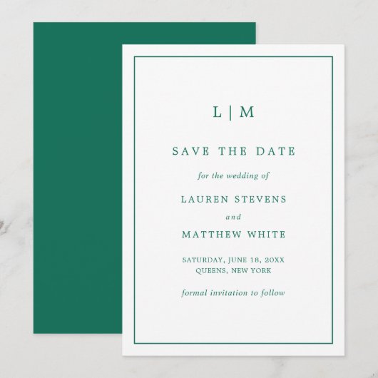 Simple Emerald Green Monogram Elegant Wedding Save The Date (Vorne/Hinten)