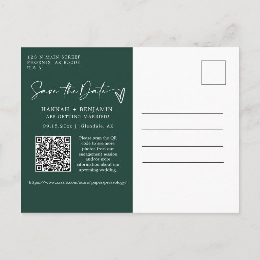 Simple Emerald Green Save the Date QR Code Foto Postkarte (Rückseite)