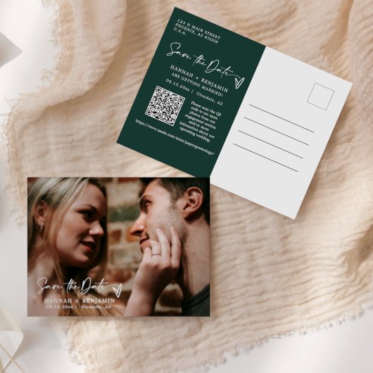 Simple Emerald Green Save the Date QR Code Foto Postkarte