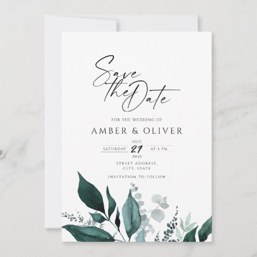 Simple Emerald Greenery Save the Date Einladung (Vorderseite)