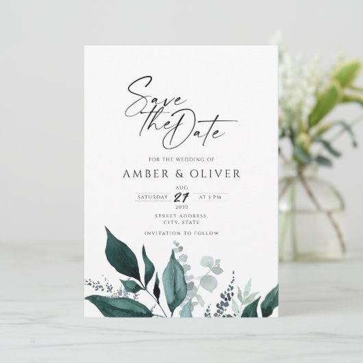 Simple Emerald Greenery Save the Date Einladung (Stehend Vorderseite)