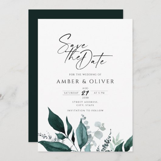 Simple Emerald Greenery Save the Date Einladung (Vorne/Hinten)