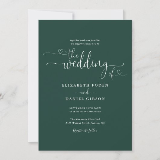 Simple Emerald Hearts Script Foto Wedding Einladung (Vorderseite)