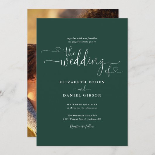 Simple Emerald Hearts Script Foto Wedding Einladung (Vorne/Hinten)