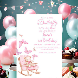 SImple Erster 1. Geburtstag Teddy & Butterfly Einladung