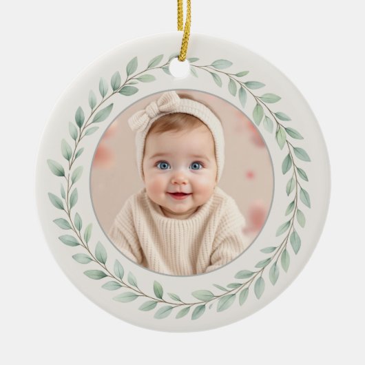 Simple Eucalyptus Baby First Christmas Photo Keramik Ornament (Vorne)