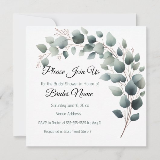 Simple Eucalyptus Bridal Shower Invitation Einladung (Vorderseite)
