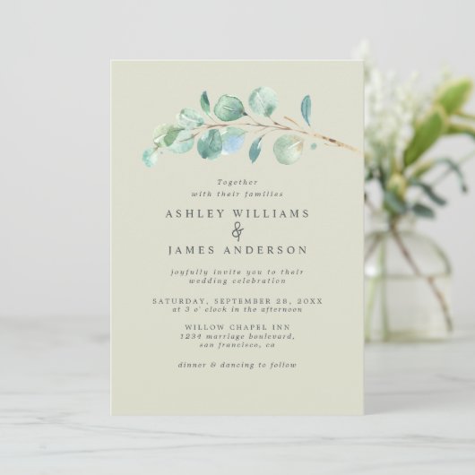 Simple Eucalyptus Foliage Pastel Green Wedding Inv Einladung (Stehend Vorderseite)