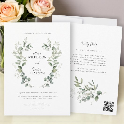 Simple Eucalyptus Greenery Wedding QR Code RSVP Einladung