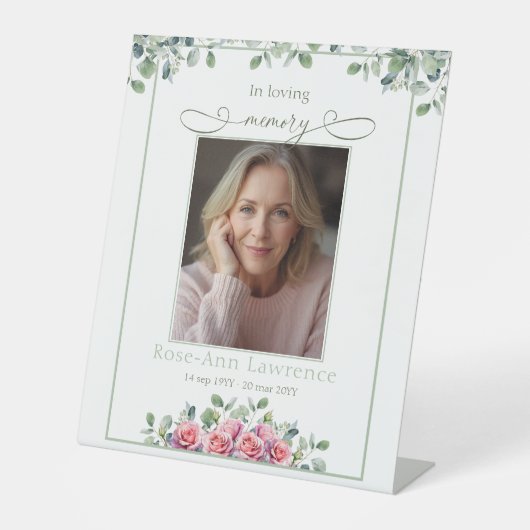 Simple Eucalyptus Pink Rose Photo In loving memory Sockelschild (Vorderseite)