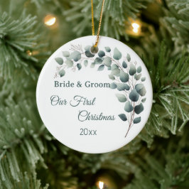 Simple Eucalyptus Wedding  First Christmas Keramik Ornament