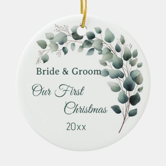 Simple Eucalyptus Wedding First Christmas Keramik Ornament (Vorne)