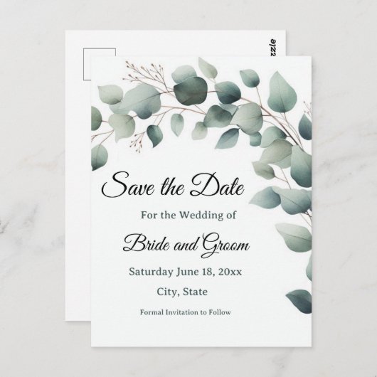 Simple Eucalyptus Wedding Save the Date Postcard Postkarte (Vorne/Hinten)