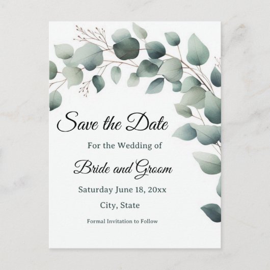 Simple Eucalyptus Wedding Save the Date Postcard Postkarte (Vorderseite)