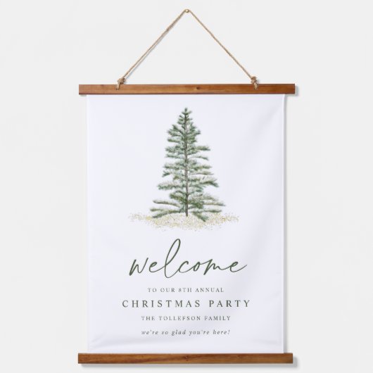 Simple Evergreen Christmas Welcome Sign Wandteppich Mit Holzrahmen (Vorderseite)