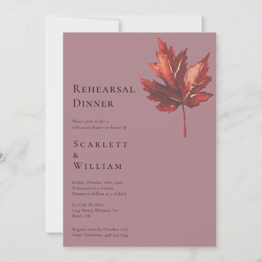 Simple Fall Leaf Mauve Hochzeit Probe Dinner Einladung (Vorderseite)