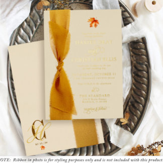 Simple Fall Leaf Ribbon Cream Autumn Wedding Gold Folieneinladung