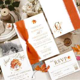 Simple Fall Leaves Modern Autumn Ribbon Wedding Einladung