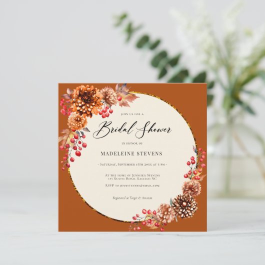 Simple Fall Wreath Mums Berries Einladung (Stehend Vorderseite)